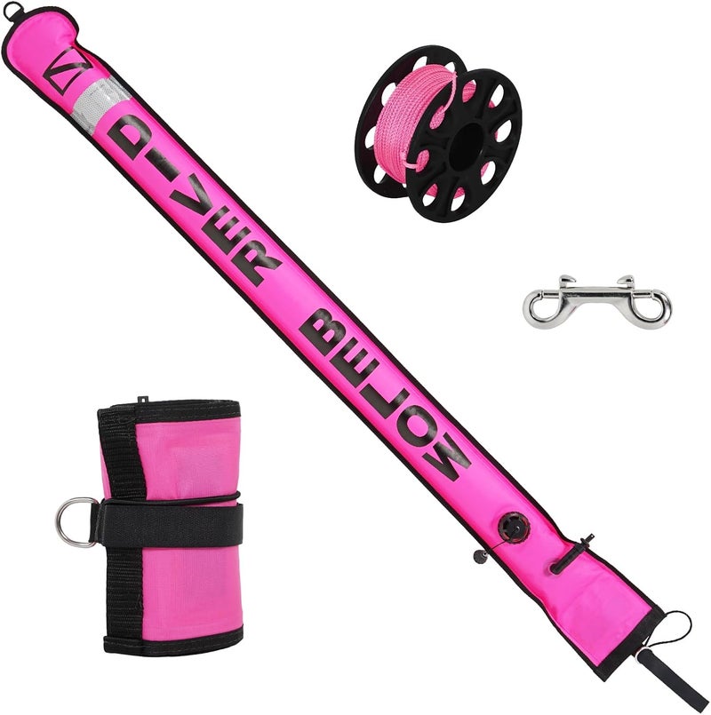 JUSTOOP Store 5ft Surface Marker Buoy Set, Inflatable Scuba Signal Tube with Reflective Strip, Scuba Diving Open Bottom Float (SMB) for Underwater Diving Snorkeling with 100ft Diving Spool Reel and Clip - Image 1